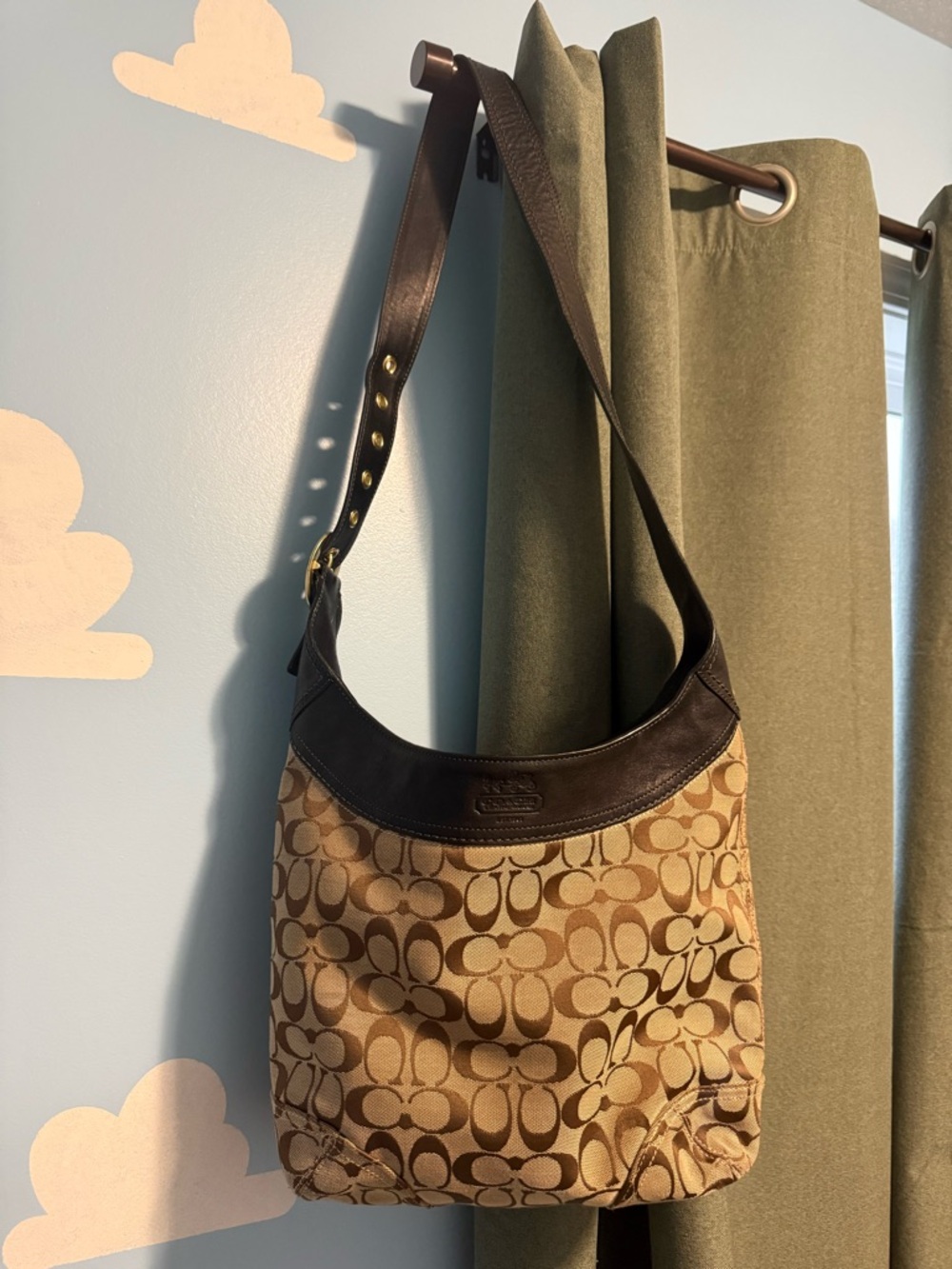 Coach Signature Canvas Shoulder Bag in Tan and Dark Brown